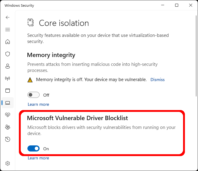 Windows 11 screenshot of "Core isolation". "Microsoft Vulnerable Driver Blocklist" is circled.