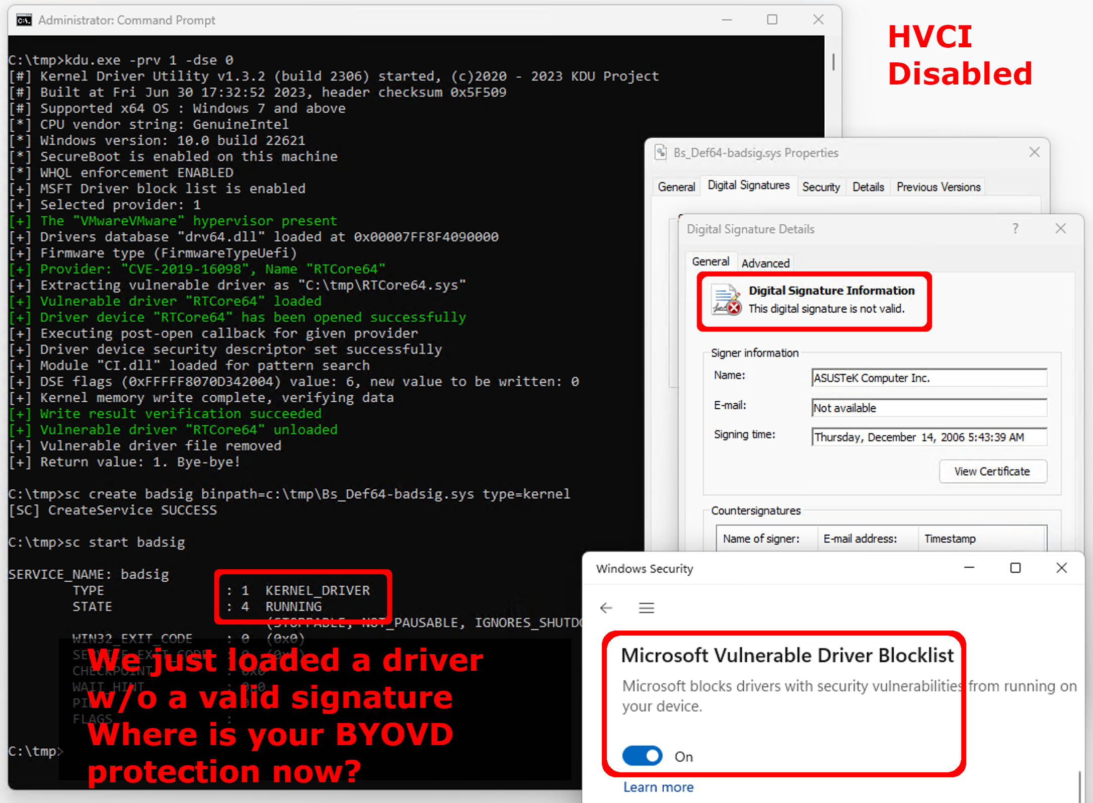 Screenshot of a driver without a valid signature being loaded, yet "Microsoft Vulnerable Driver Blocklist" is enabled